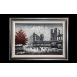 Large Oil on Canvas French Street Scene framed in a contemporary silver frame. Scene depicts the