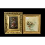 Two Small Paintings, one on a panel in gilt frame floral. size 12 by 9.5 inches.