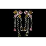 Multi Tourmaline 'Butterfly' Drop Earrings, the butterflies set with deep rose pink and amber yellow
