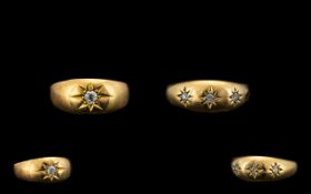 18 Ct Three Stone Diamond Set Dress Ring, starburst setting. Full hallmark for 18 ct . Ring size N.