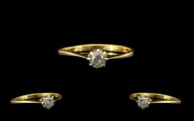 18ct Gold Single Stone Diamond Set Ring - the interior of shank marked 18ct. Ring size L.