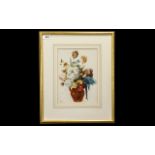 Watercolour Flowerpiece Initialled ES with tulips and other flowers inset in a red jug with handle.