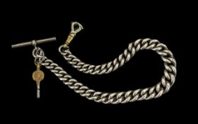 Antique Period - Solid Silver Albert Chain with T-Bar and Attached Watch Key,