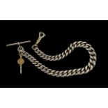 Antique Period - Solid Silver Albert Chain with T-Bar and Attached Watch Key,