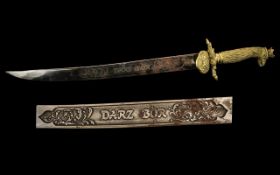 German Antique Bronze Hilted Long Hunting Dagger with engraved steel blade 'Darz Bor',