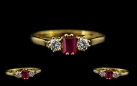 18ct Gold - Attractive Ladies 3 Stone Ruby and Diamond Set Dress Ring of Pleasing Design.