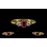 18ct Gold - Attractive Ladies 3 Stone Ruby and Diamond Set Dress Ring of Pleasing Design.