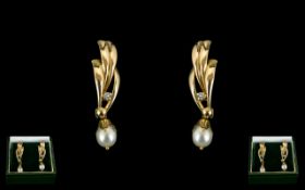 Ladies Attractive - Pair of 9ct Gold Diamond and Pearl Set Drop Earrings. Contemporary Design.