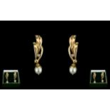 Ladies Attractive - Pair of 9ct Gold Diamond and Pearl Set Drop Earrings. Contemporary Design.