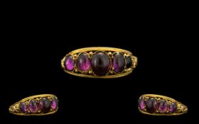 Antique Period - Attractive 15ct Gold 5 Stone Amethyst Set Ring - Excellent Setting.