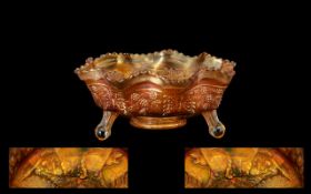 Rare Orange Carnival Glass Footed Bowl - depicting two tigers amongst foliage, with a floral