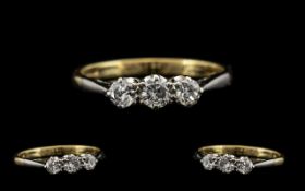 18ct Gold - Attractive 3 Stone Diamond Set Dress Ring. Marked 18ct Gold. c.1950's.