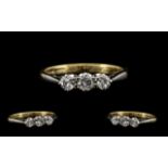 18ct Gold - Attractive 3 Stone Diamond Set Dress Ring. Marked 18ct Gold. c.1950's.