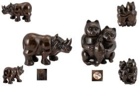 Japanese Carved Boxwood Netsukes ( 2 ) Depicts 1/ Two Cats Holding a Large Fish, Signed to