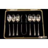 1920 Nice Quality Set of Six Silver Tea Spoons with Matching Sugar Nips - complete with original