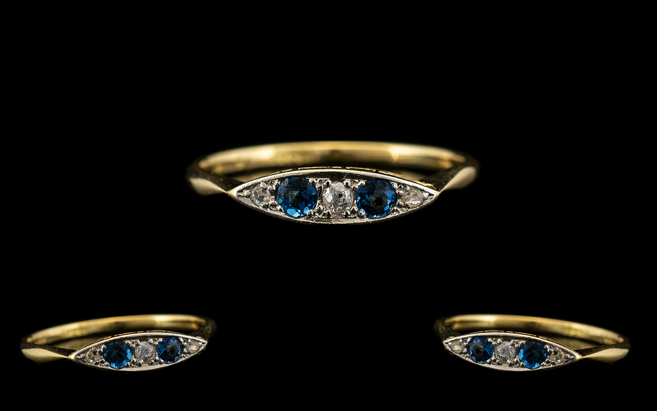 Art Deco Period - Attractive 18ct Gold and Platinum Diamond and Sapphire Set Dress Ring of Petite