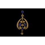 Antique Period Stunning 9ct Gold Open Worked Pendant Drop/Brooch set with teardrop vivid blue