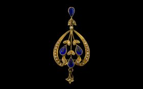 Antique Period Stunning 9ct Gold Open Worked Pendant Drop/Brooch set with teardrop vivid blue