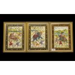 Persian Set of Three Paintings on Cloth, Mogul style, brightly decorated,