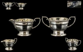 Art Deco Period Pleasing Sterling Silver Pair of Milk Jug and Sugar Bowl with Attractive Borders.