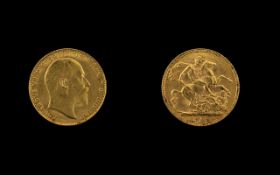 Edward VII 22ct Gold Full Sovereign - Date 1909. London Mint. High Grade Coin - E.