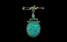 Victorian Period 9ct Gold Attractive and Superb Brooch / Pendant Drop Set with Turquoise. c.1880's.