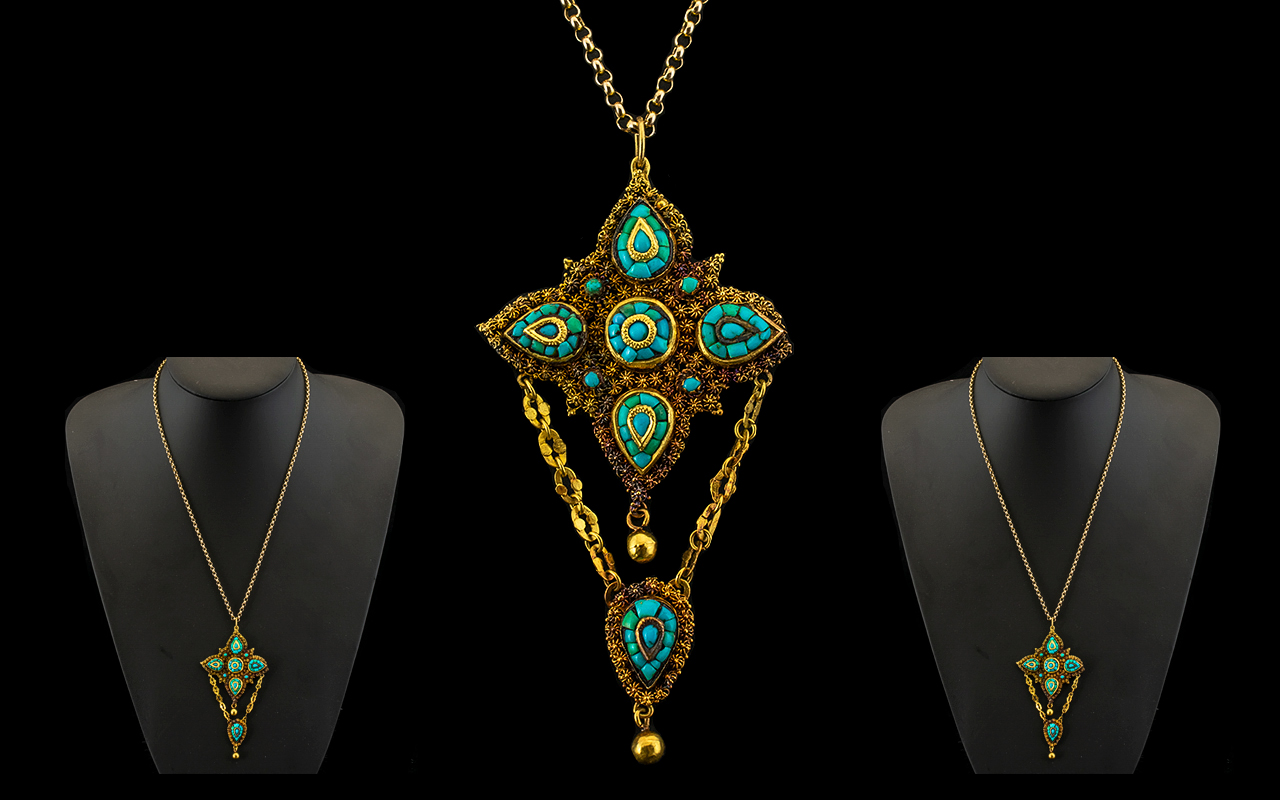 Antique Period 18ct Gold Superb Quality Impressive and Large Pendant Drip - set with turquoise