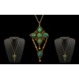 Antique Period 18ct Gold Superb Quality Impressive and Large Pendant Drip - set with turquoise