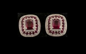 Ruby and Zircon Pair of Large Stud Earrings, each earring having an octagon cushion cut solitaire