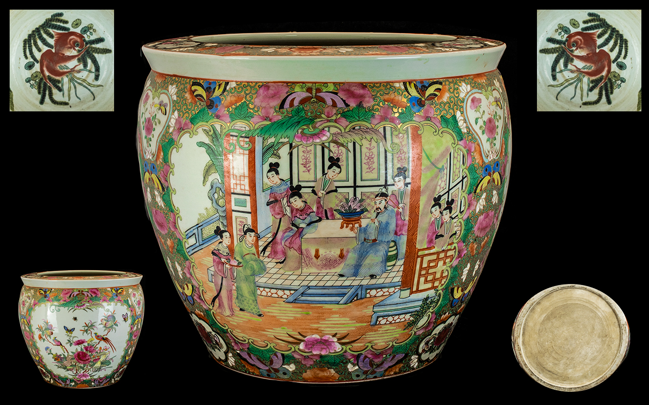 Chinese Antique Finely Decorated Fish Bowl Famille Rose decoration throughout in enamels depicting