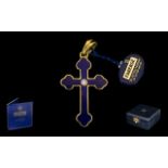 Faberge - Victor Mayer Ltd and Numbered 18ct Gold and Blue Enamel Cross Pendant Set with Diamonds