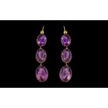 Victorian Period Stunning 15ct Gold Pair of Graduated Amethyst Set Drop Earrings - The six faceted