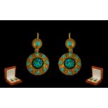 Early to Mid Victorian 18 ct Gold-Turquoise Set Fine Quality Pair of Ladies Earrings - of