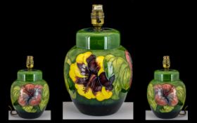 Moorcroft Tube line Lamp Base of Globular Form ' Hibiscus ' Assorted Colours on Green Ground,