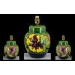 Moorcroft Tube line Lamp Base of Globular Form ' Hibiscus ' Assorted Colours on Green Ground,