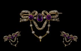 Early Victorian Period Exquisite and Superb Quality Diamond and Amethyst Sweetheart Set Brooch/