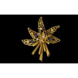 18ct Gold Modernist Designed and Signed Diamond and Sapphire Flower Bouquet Spray Brooch -