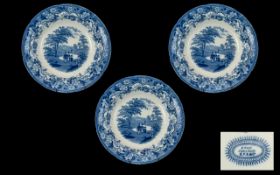 Three Staffordshire Antique Transfer printed Blue Pottery Soup Dishes,
