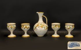 Pottery Jug & Four Pottery Goblets in stone coloured ground with abstract design.