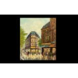Large Oil Painting by T Carson depicting a busy street scene in Paris. Oil on canvas.