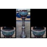 Chinese Antique Bronze & Enamel Plant Pot on pedestal base of typical form, of archaic design with