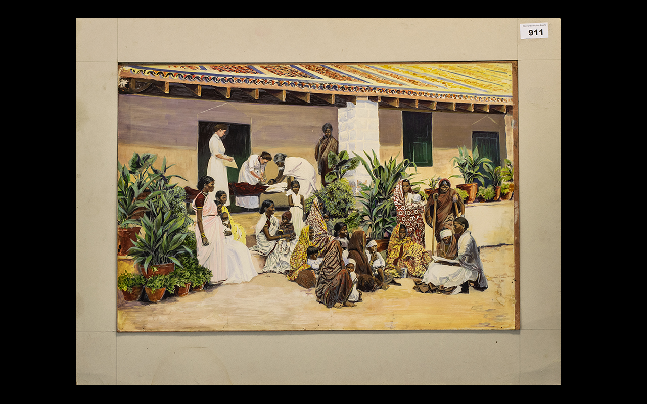 Indian Watercolour Drawing of a Visit to the Doctor's Clinic. Unusual depiction of an Indian surgery