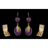 Victorian Period 9ct Gold Pair of Faceted Amethyst Stone Set Drop Earrings - with naturalistic leaf