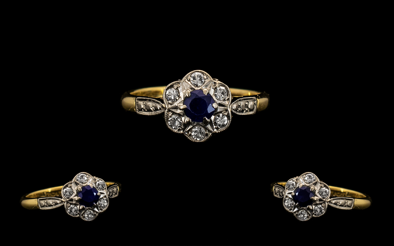 Antique Period Attractive 18 ct Gold and Platinum Diamond and Sapphire Set Ring - Flowerhead design.