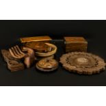 A Collection of Carved Wooden Items to include a carved hand, two bowls, an inlaid plate stand,