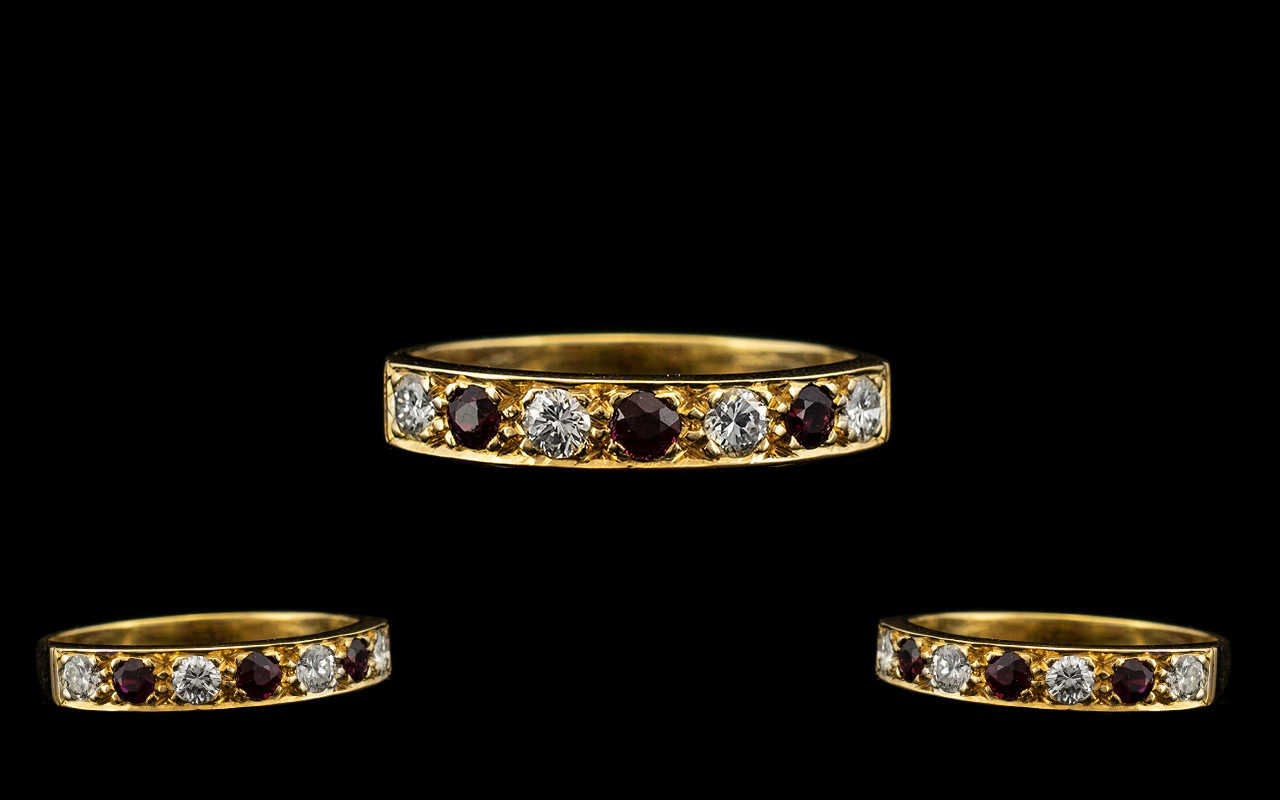 18ct Gold - Excellent Quality Seven Stone Diamond and Ruby Set Dress Ring. Full Hallmark for 750 -