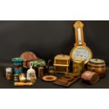 Large Box Containing Two Wooden Biscuit Barrels, Barometer, Hinged Box,