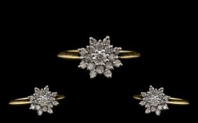18ct Gold - Nice Quality and Attractive Diamond Set Cluster Ring - Flower head Setting. The Diamonds