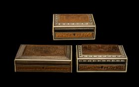 Three Sadek Carved Indian Boxes Carved to the Lid with the Taj - Mahal and other Indian Palaces,