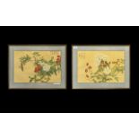 Pair Chinese Paintings on Silk depicting birds flowers fully signed with seal marks.
